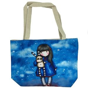 Cotton Canvas Book Bag Shopping Tote Girl with Toy